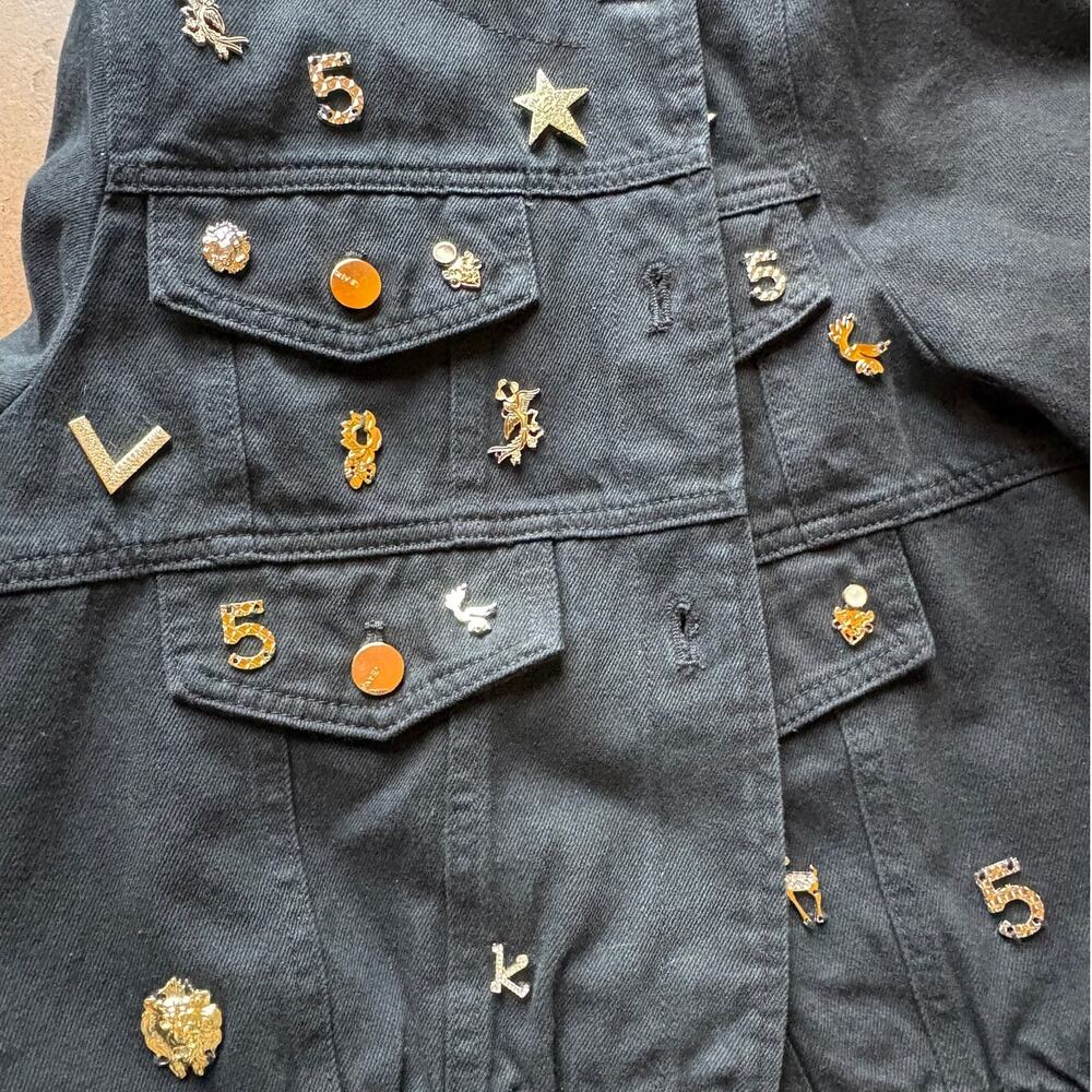 Oo La La Black Denim Embellished Collarless "Charm" Jacket Whimsy Bling size L - Picture 10 of 16